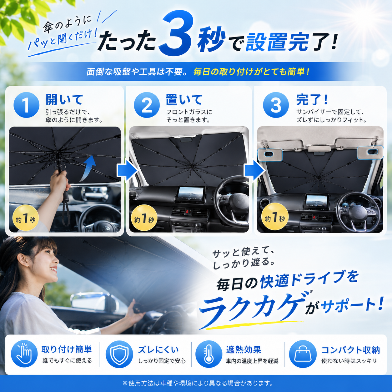 SORAMI - ラクカゲ™ 車用アンブレラシェード | 炎天下の車内、もう我慢しない。